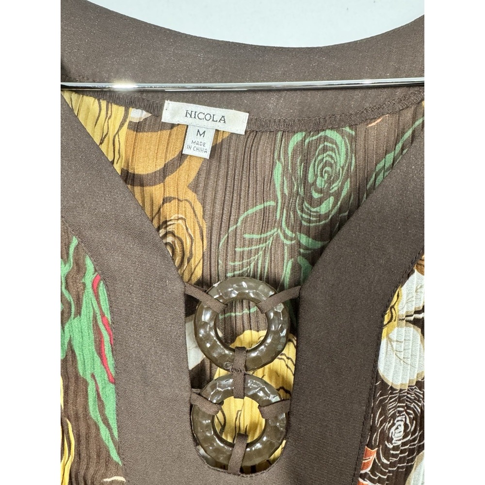 Nicola Accordion Pleated Y2K Brown Abstract Floral Tunic Top Size M Bell Sleeves - Picture 4 of 9
